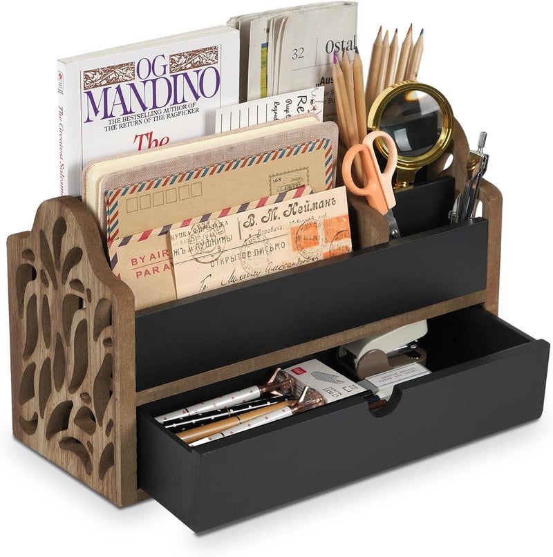 Dhmkfly Desk Organizer with Drawer Wood File Office Mail Organizer Countertop-5 Slot Tabletop Storage Pen Organizer Letter Holder for School Home Office Supplies - Image 1